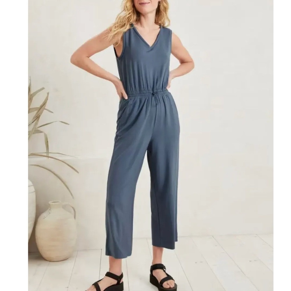 Garnet Hill Wide-Leg Knit Jumpsuit Medium Blue Tencel Lyocell Casual Loungewear